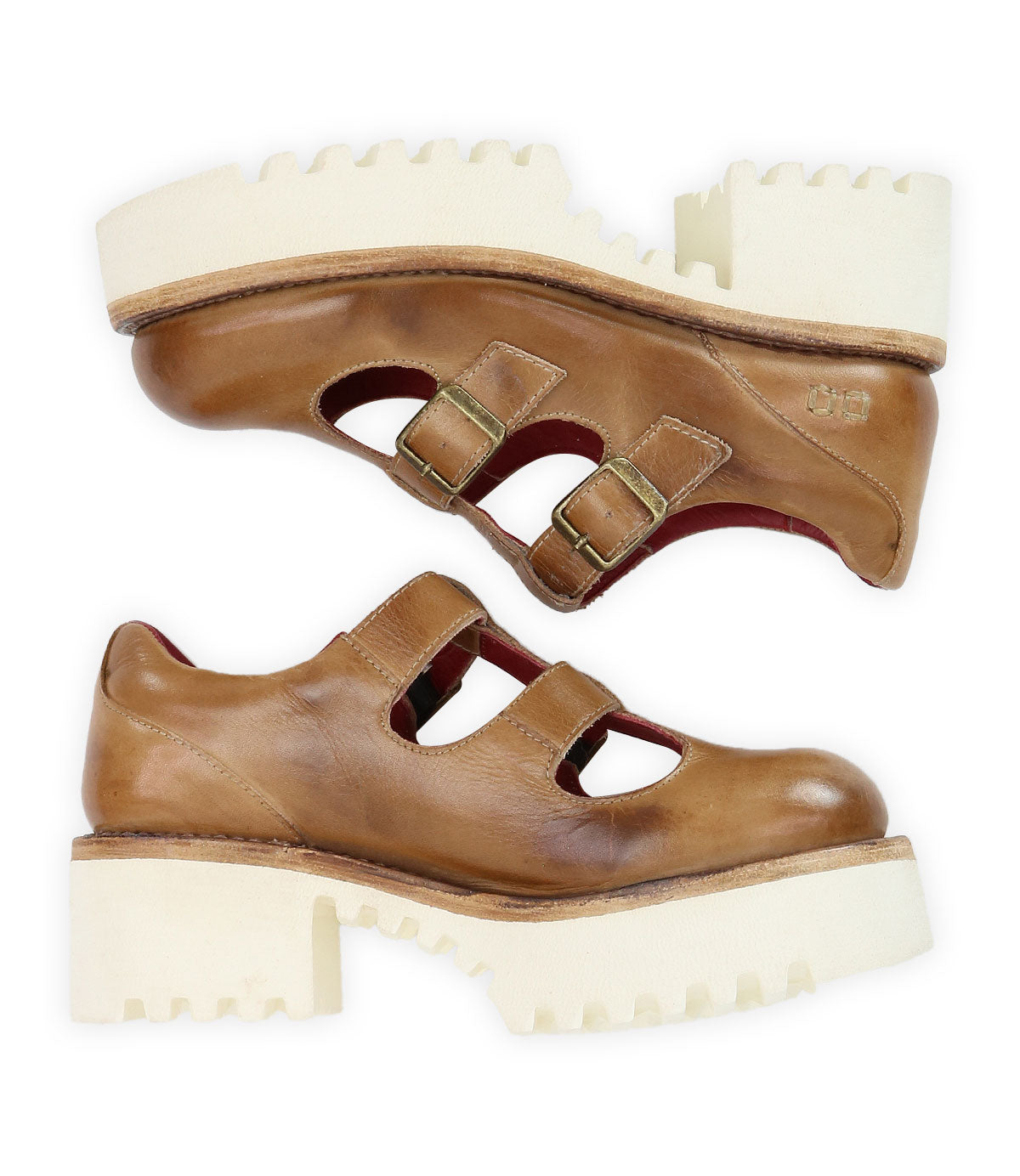 A pair of Bed|Stü Gear women’s shoes in brown leather, featuring a stylish double-strap Mary Jane design and chunky white treaded XL Extralight soles; shown in side view with the soles facing opposite directions.