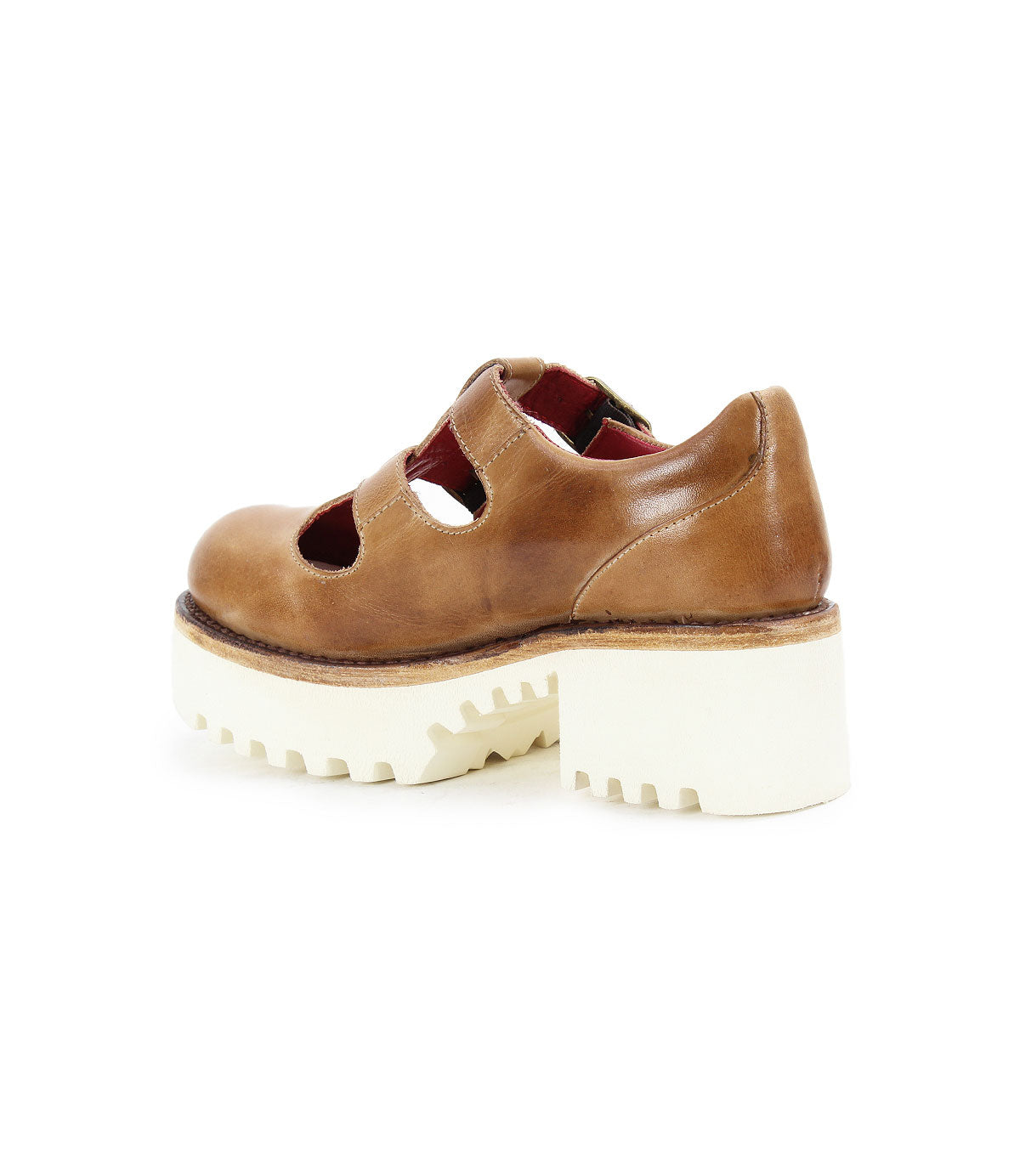 The Bed|Stü Gear is a brown women's leather shoe with a stylish cut-out and double-strap design, featuring a chunky heel and an XL Extralight sole for comfort, shown from the side against a white background.