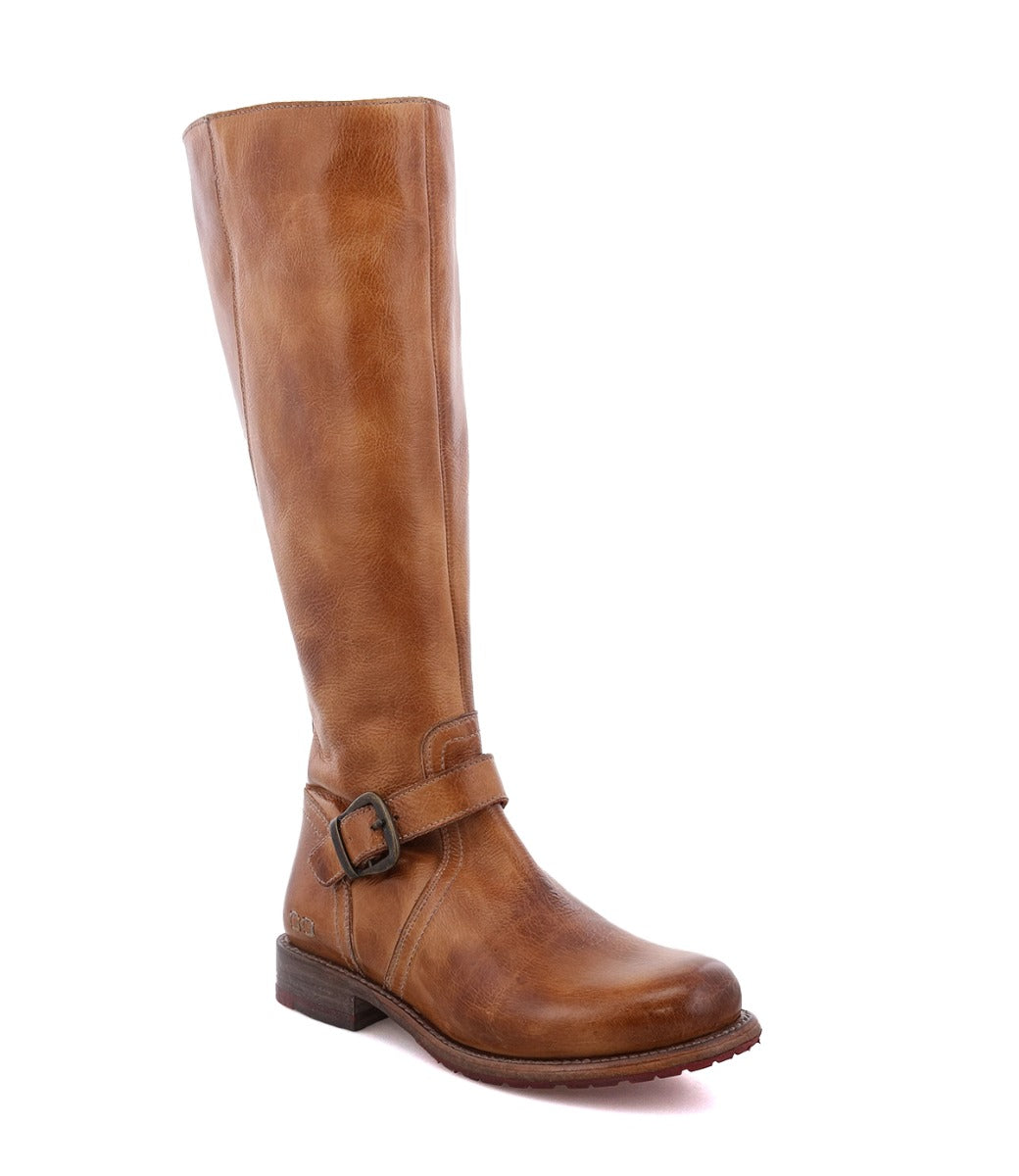 A single tall brown leather Glaye Wide Calf equestrian boot by Bed|Stü, featuring a low heel, decorative strap, and buckle detail on the side, displayed against a white background.
