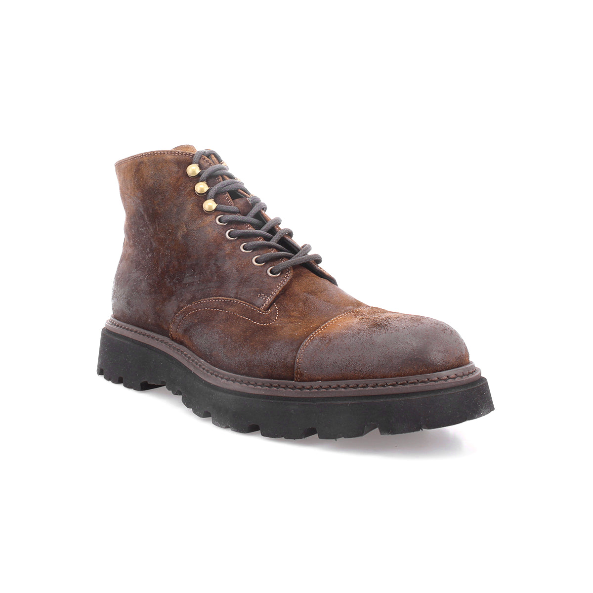 The Bed|Stü Goer boot is an Italian work-style cap-toe design, crafted from oiled suede leather with a rugged, worn texture and a thick black rubber sole, shown angled to the left on a white background.