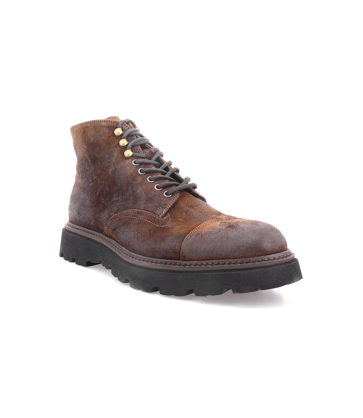 The Bed|Stü Goer boot is an Italian work-style cap-toe design, crafted from oiled suede leather with a rugged, worn texture and a thick black rubber sole, shown angled to the left on a white background.