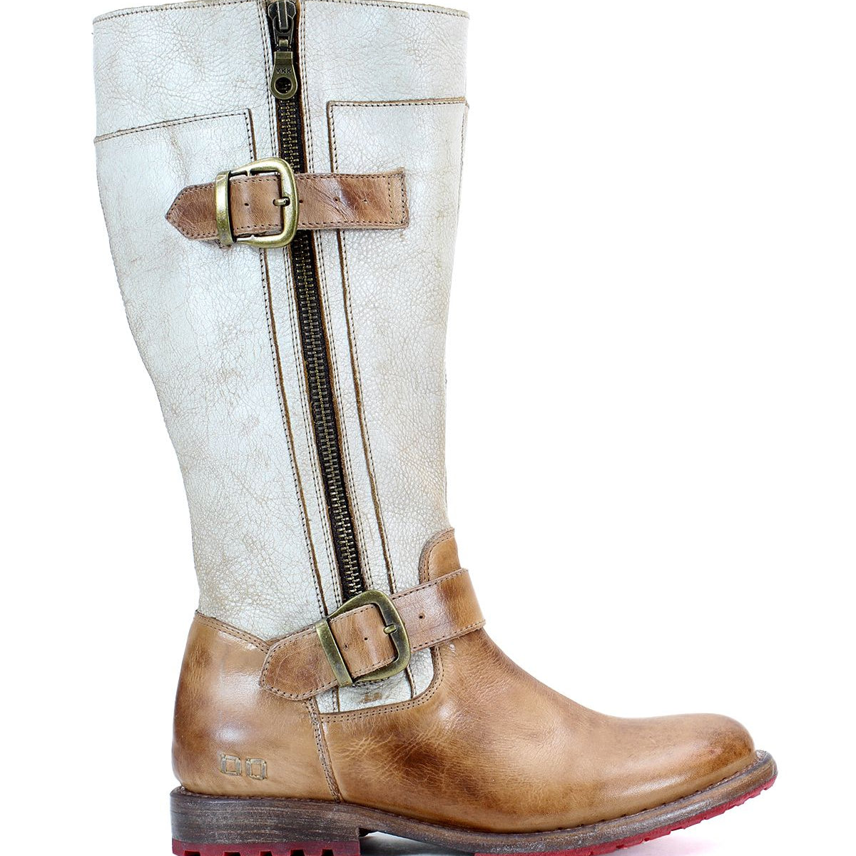 Introducing the Gogo Lug Wide Calf by Bed|Stü—a tall, two-tone leather engineer boot featuring a brown lower section, light beige upper, decorative buckles, convenient side zipper, and a bold red rubber sole. Perfect for those seeking both style and comfort in wide calf boots.