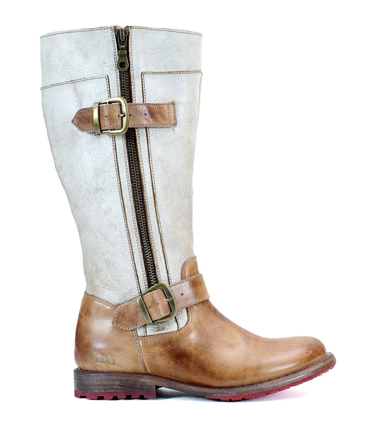 Introducing the Gogo Lug Wide Calf by Bed|Stü—a tall, two-tone leather engineer boot featuring a brown lower section, light beige upper, decorative buckles, convenient side zipper, and a bold red rubber sole. Perfect for those seeking both style and comfort in wide calf boots.