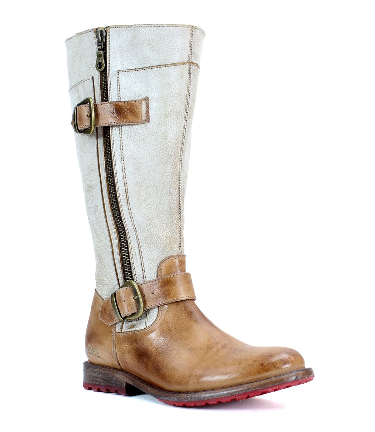 The Bed|Stü Gogo Lug Wide Calf is a tall, brown and beige leather mid-calf boot featuring a side zipper, two buckles, and a low red-tread sole, displayed on a white background.