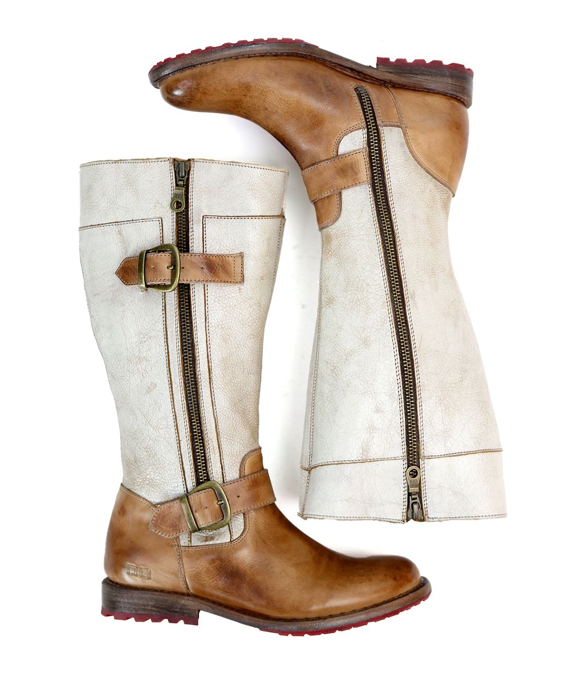Introducing the Bed|Stü Gogo Lug Wide Calf boots—a sophisticated update on the classic engineer silhouette, these knee-high leather boots feature a brown leather foot and top trim, an off-white shaft, practical side zipper, and eye-catching decorative buckles.