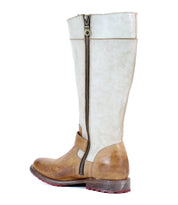 The Bed|Stü Gogo Lug is a tall two-tone mid-calf leather boot featuring a brown foot and heel, beige shaft, visible side zipper, and a red-treaded lug outsole, shown in profile on a white background.