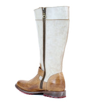 A brown and beige Bed|Stü Gogo Lug Wide Calf knee-high leather engineer boot featuring a side zipper and a low wooden heel, displayed against a white background.