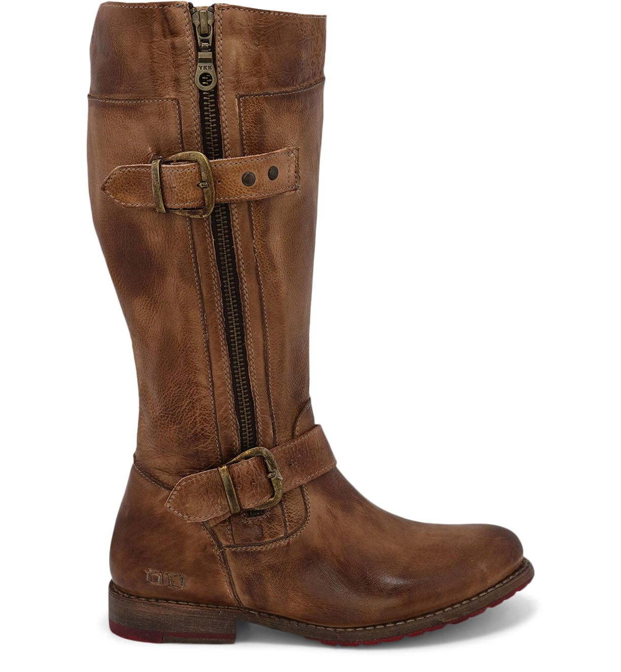 Introducing the Gogo Lug Wide Calf by Bed|Stü: a brown leather knee-high engineer boot featuring a front zipper, two decorative buckles, low heel, and a slightly worn finish. Designed with wider calves in mind, this style offers both comfort and timeless appeal. The boot is displayed from the side on a white background.