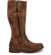 Introducing the Gogo Lug Wide Calf by Bed|Stü: a brown leather knee-high engineer boot featuring a front zipper, two decorative buckles, low heel, and a slightly worn finish. Designed with wider calves in mind, this style offers both comfort and timeless appeal. The boot is displayed from the side on a white background.