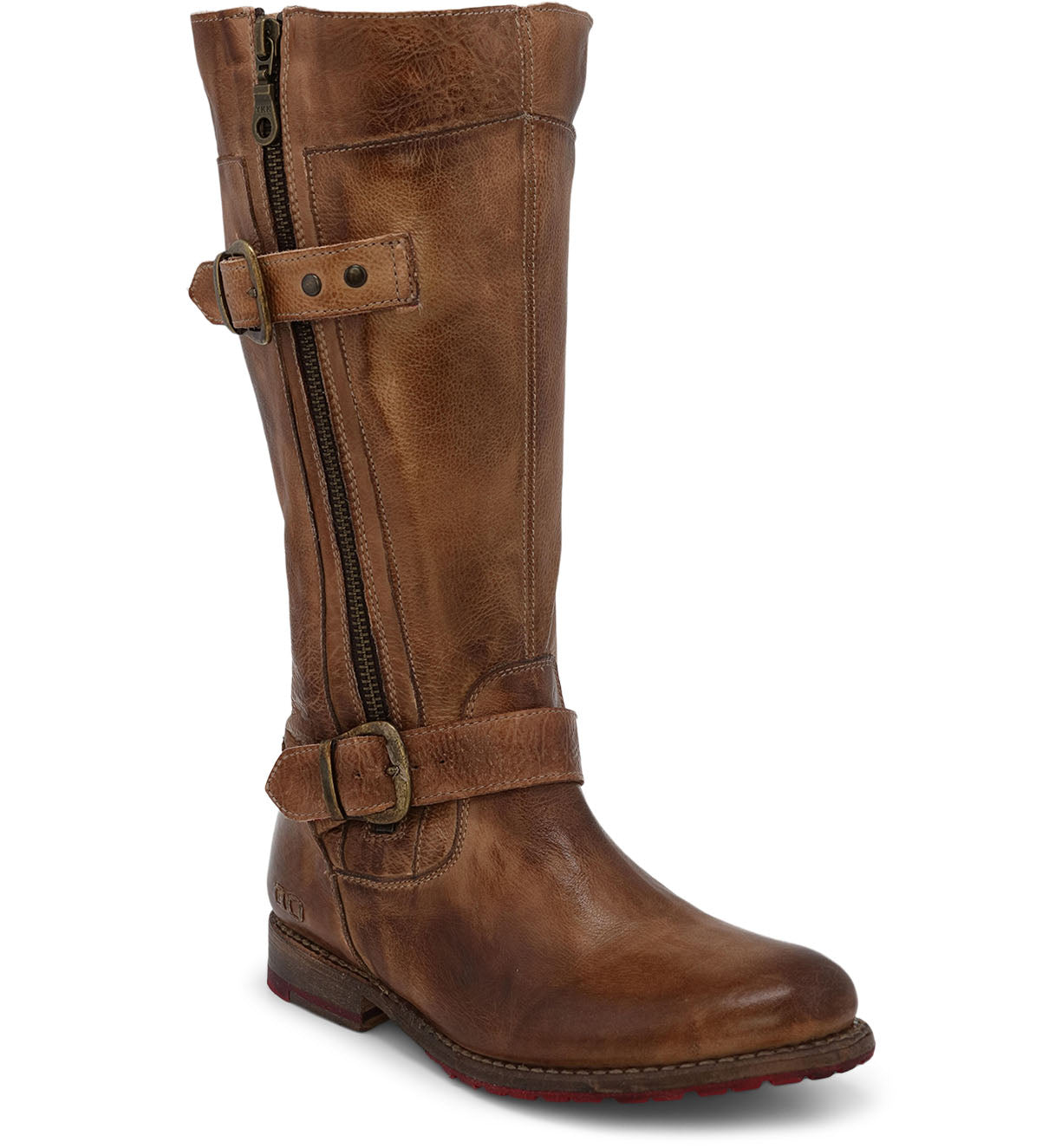 The Gogo Lug Wide Calf boot by Bed|Stü is a mid-calf brown leather engineer style featuring a slightly worn finish, a side zipper for easy wear, two decorative buckles, and a low heel. Its rounded toe adds timeless appeal and comfort.