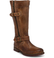The Gogo Lug Wide Calf boot by Bed|Stü is a mid-calf brown leather engineer style featuring a slightly worn finish, a side zipper for easy wear, two decorative buckles, and a low heel. Its rounded toe adds timeless appeal and comfort.