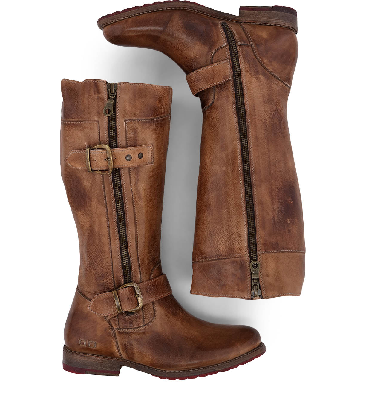 A pair of Bed|Stü Gogo Lug Wide Calf tall brown leather engineer boots with side zippers and buckles, shown laid flat on a white background.