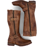 A pair of Bed|Stü Gogo Lug Wide Calf tall brown leather engineer boots with side zippers and buckles, shown laid flat on a white background.