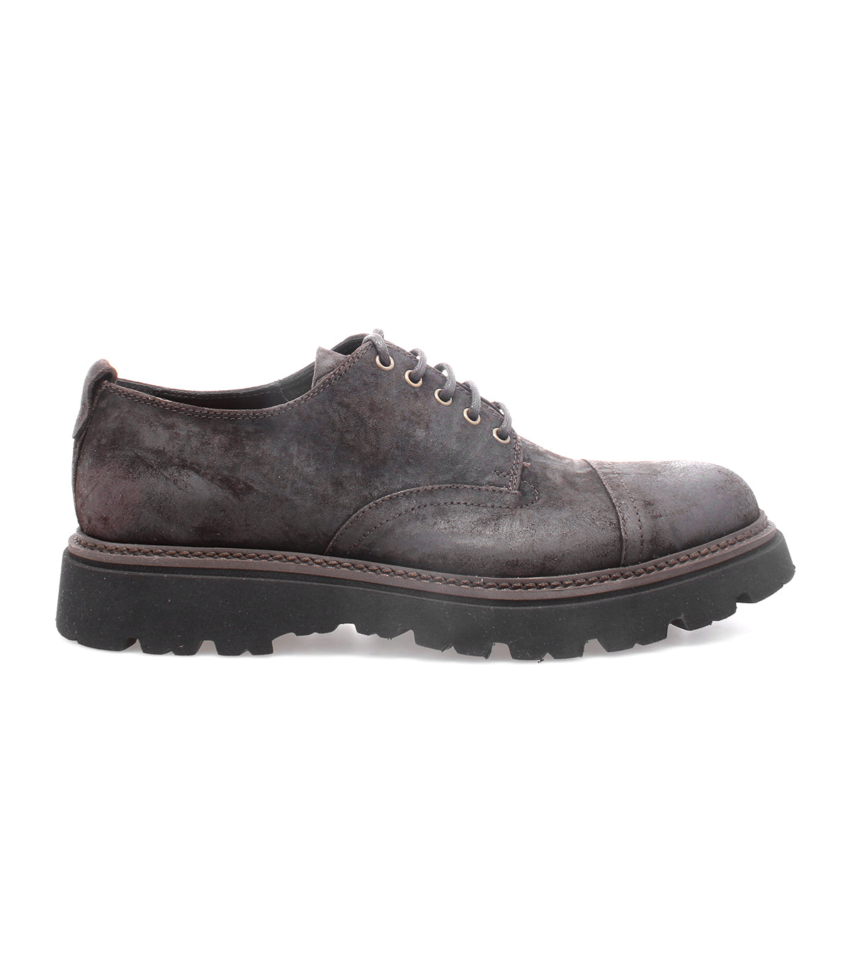 A single Grant lace-up dress shoe by Bed|Stü, crafted from dark brown Italian leather with a rugged black rubber sole, is displayed in side profile against a white background.