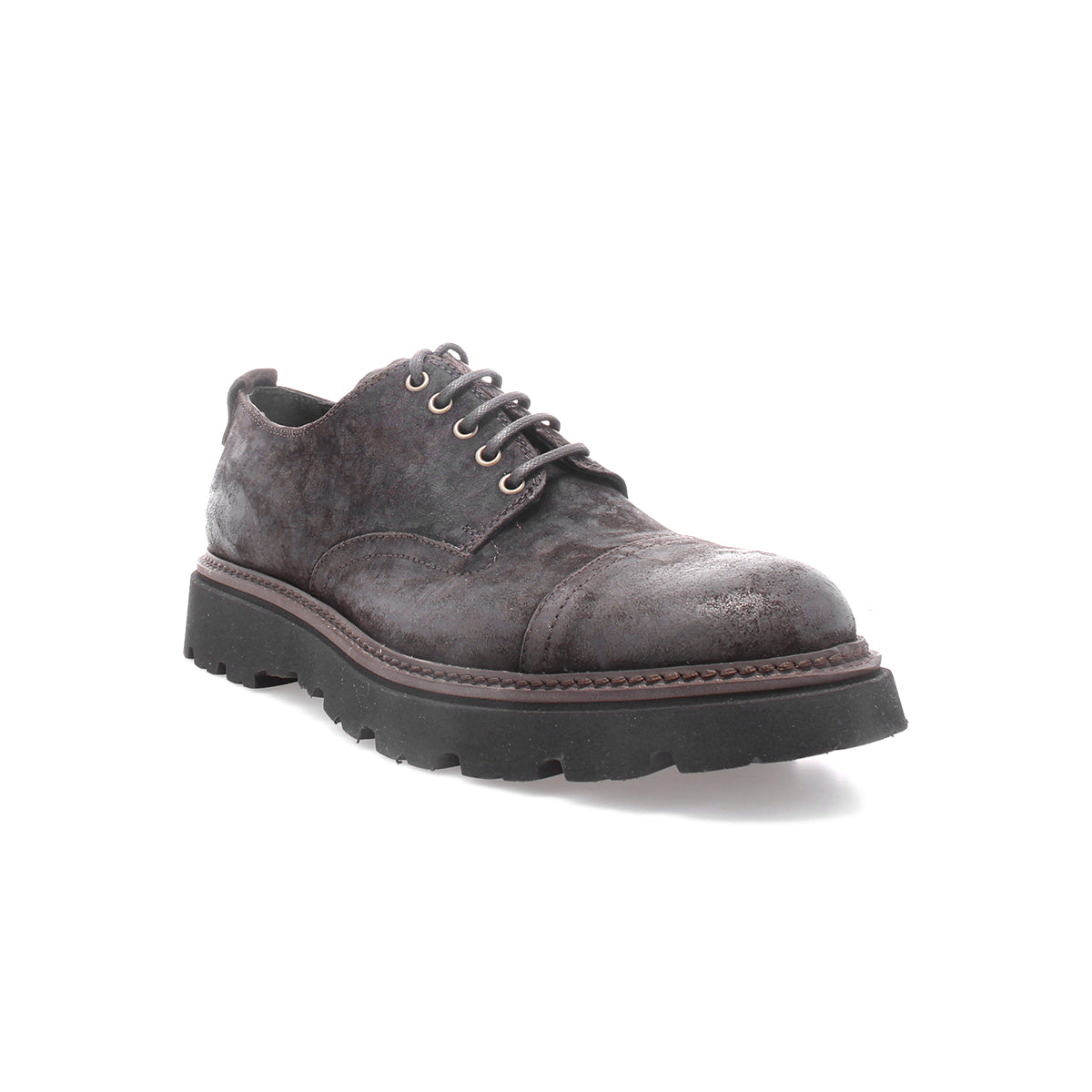 The Bed|Stü Grant is a single dark gray lace-up suede leather derby featuring a rugged, thick black sole, shown on a white background.