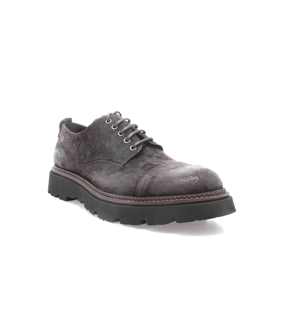 The Bed|Stü Grant is a single dark gray lace-up suede leather derby featuring a rugged, thick black sole, shown on a white background.