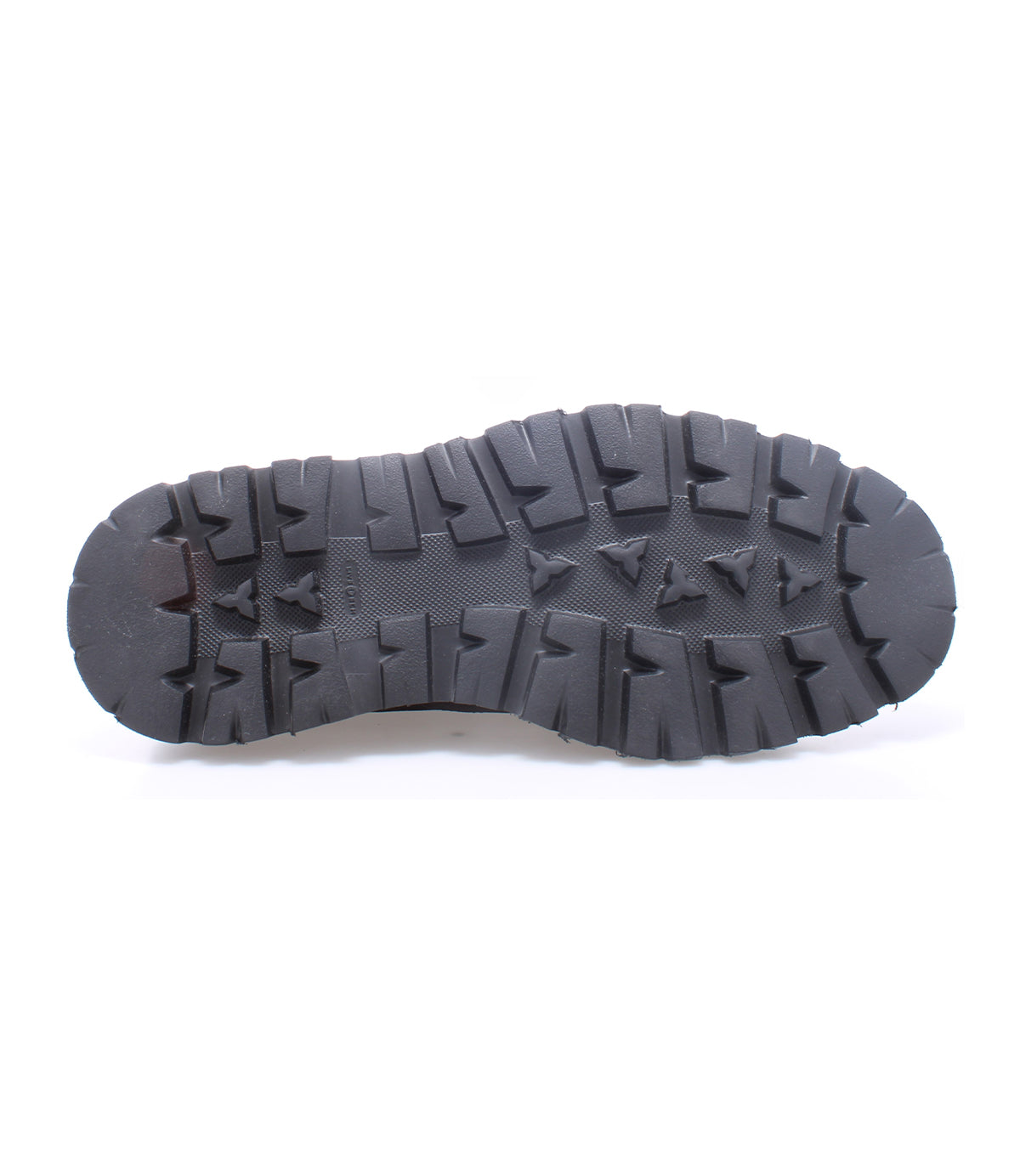 Black sole of the Bed|Stü Grant hiking boot with deep, rugged treads, shown from the bottom against a white background—reflecting the durable craftsmanship characteristic of Italian leather footwear.