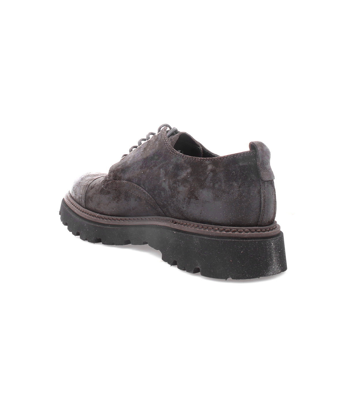 The Bed|Stü Grant is a single dark brown suede leather derby lace-up shoe featuring a thick black tread sole, displayed at an angled rear view against a white background.