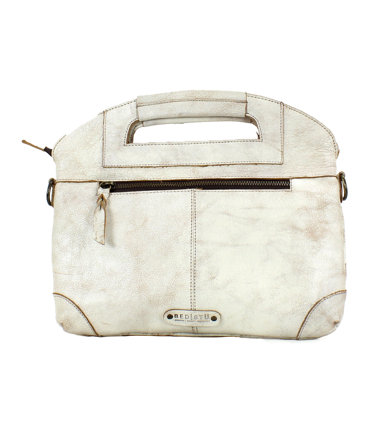 The Bed|Stü Greenway is an off-white full-grain leather handbag featuring a short handle, zip-top closure, front zippered pocket, and a metal "Bed|Stü" label on the bottom center.