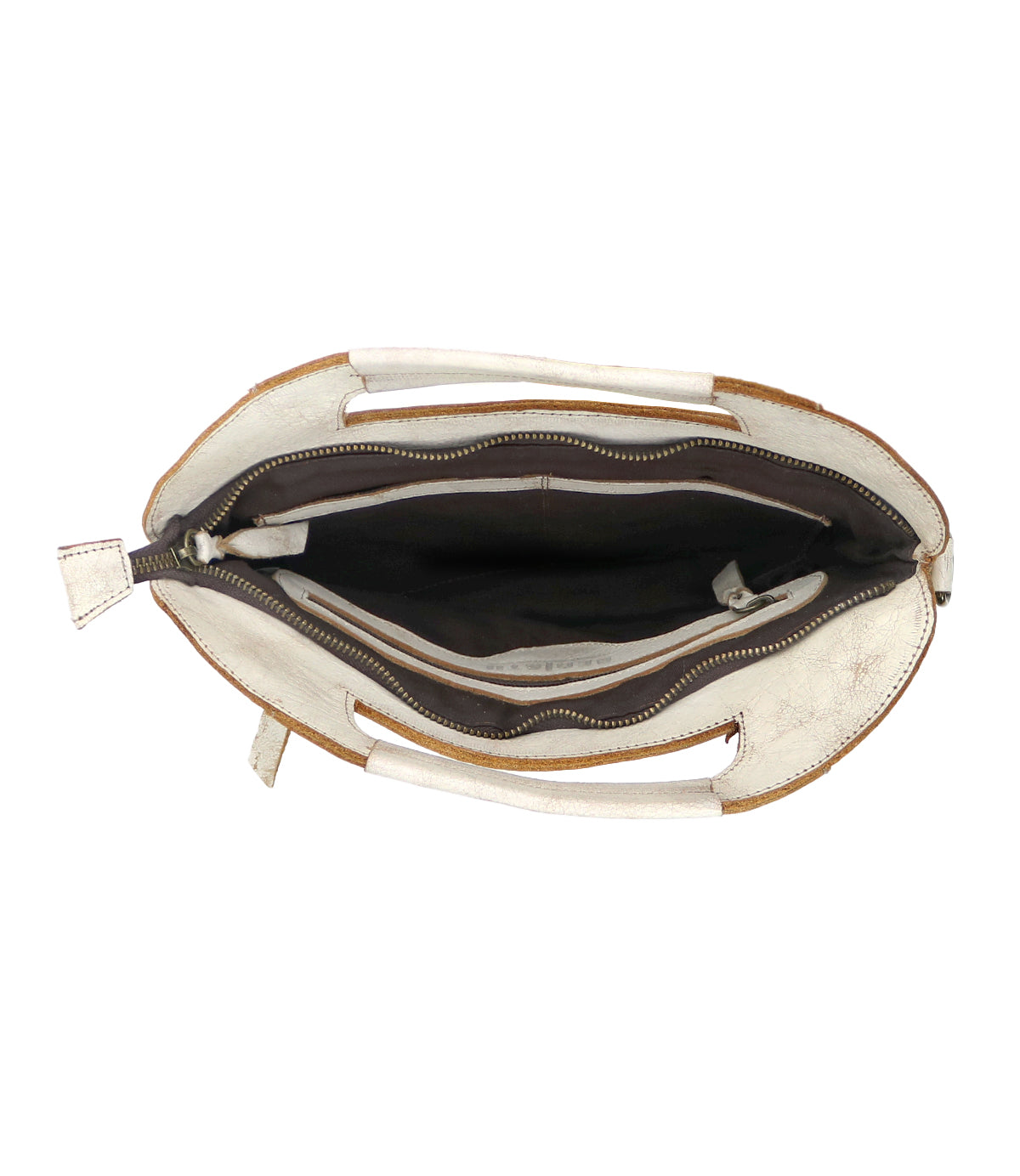 Open top view of an empty Bed|Stü Greenway handbag in white with brown trim, crafted from full-grain leather, showcasing a spacious main compartment and a zippered inner pocket.