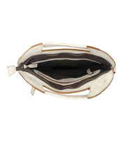 Open top view of an empty Bed|Stü Greenway handbag in white with brown trim, crafted from full-grain leather, showcasing a spacious main compartment and a zippered inner pocket.