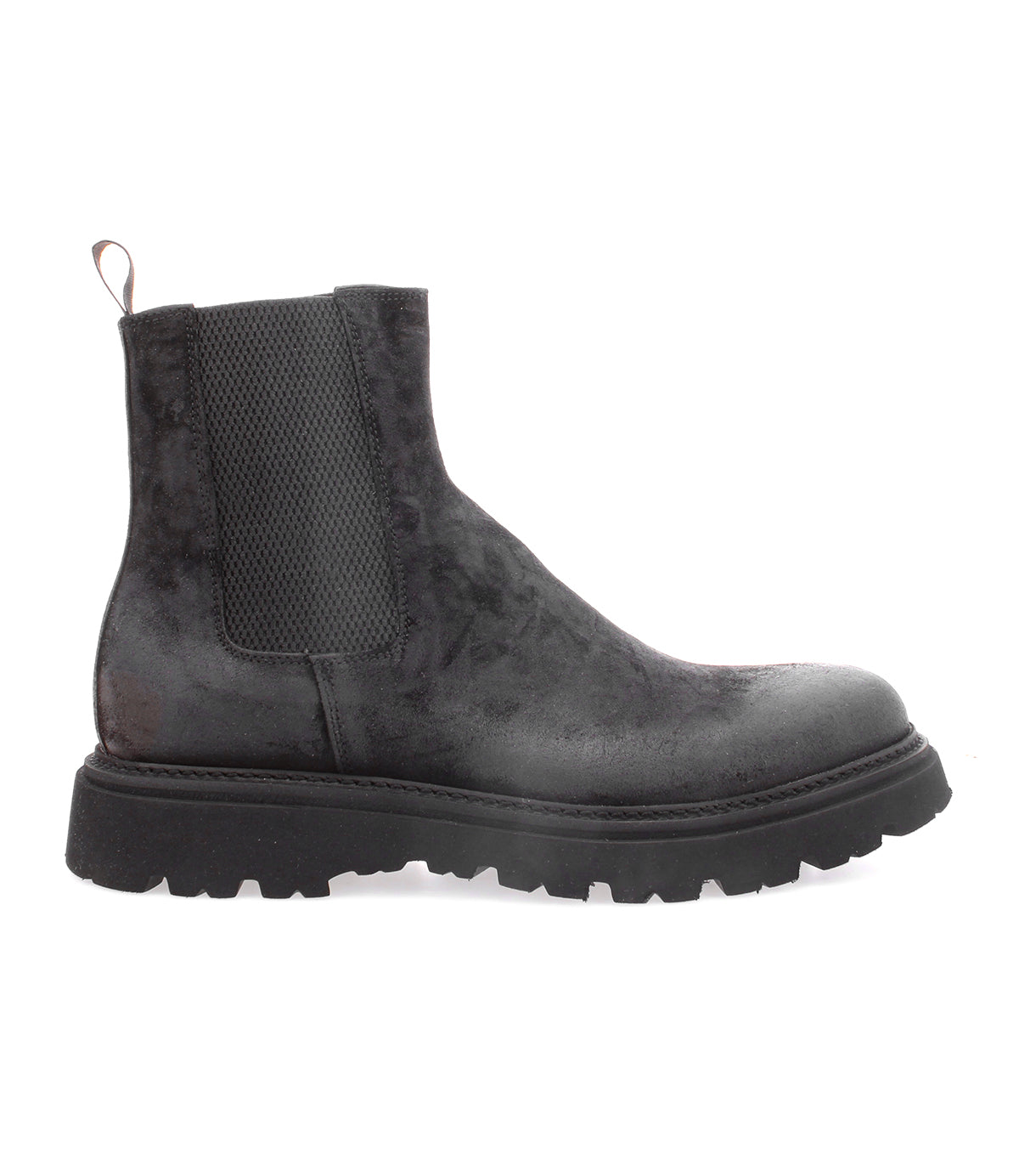 Introducing the Grit by Bed|Stü—a men’s Chelsea boot crafted from black oiled suede, featuring elastic side panels, a heel pull tab, and a chunky rubber sole.