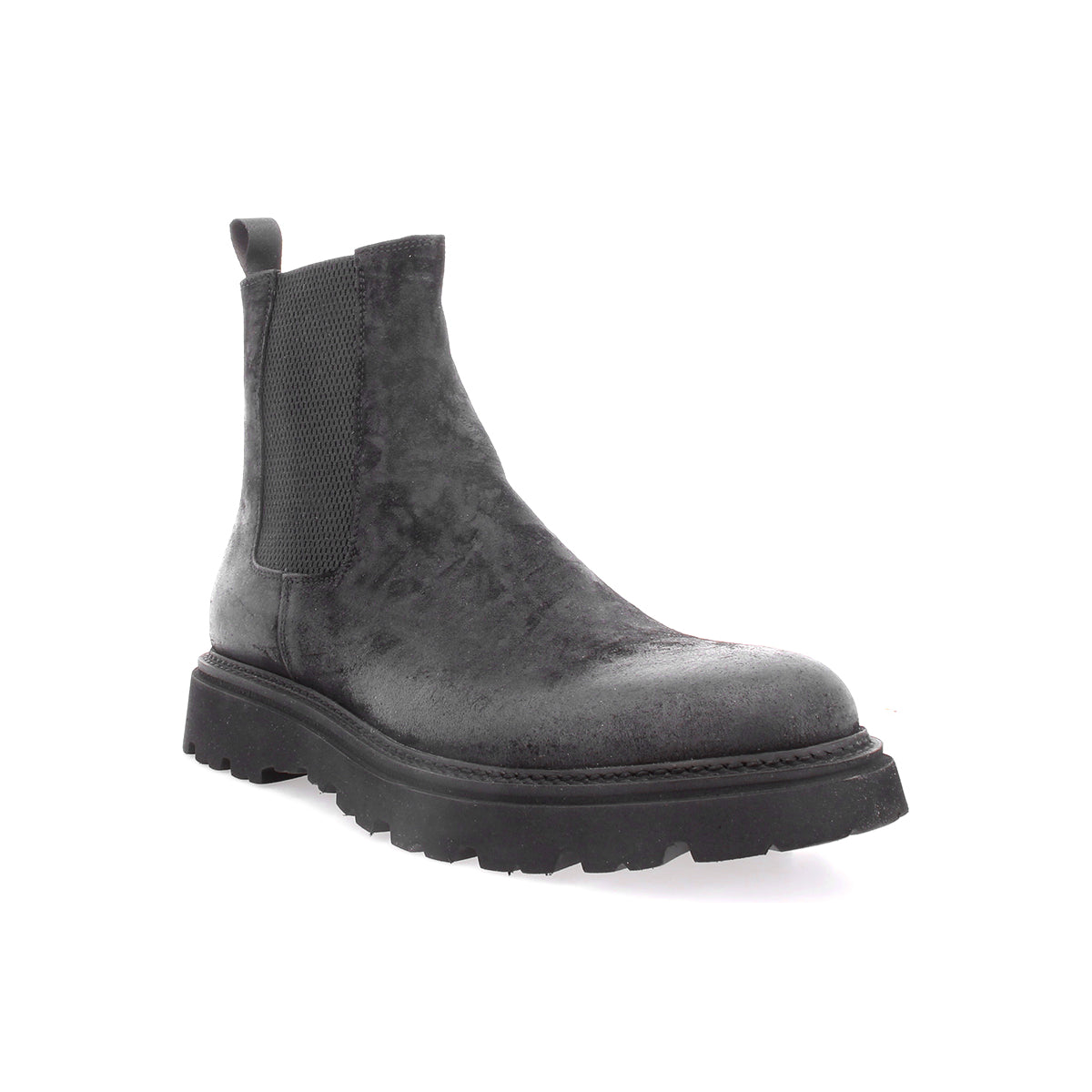 A single Bed|Stü Grit Men's Chelsea boot in dark gray oiled suede, featuring a textured finish, elastic side panel, pull tab, and thick black lug sole, displayed on a white background.