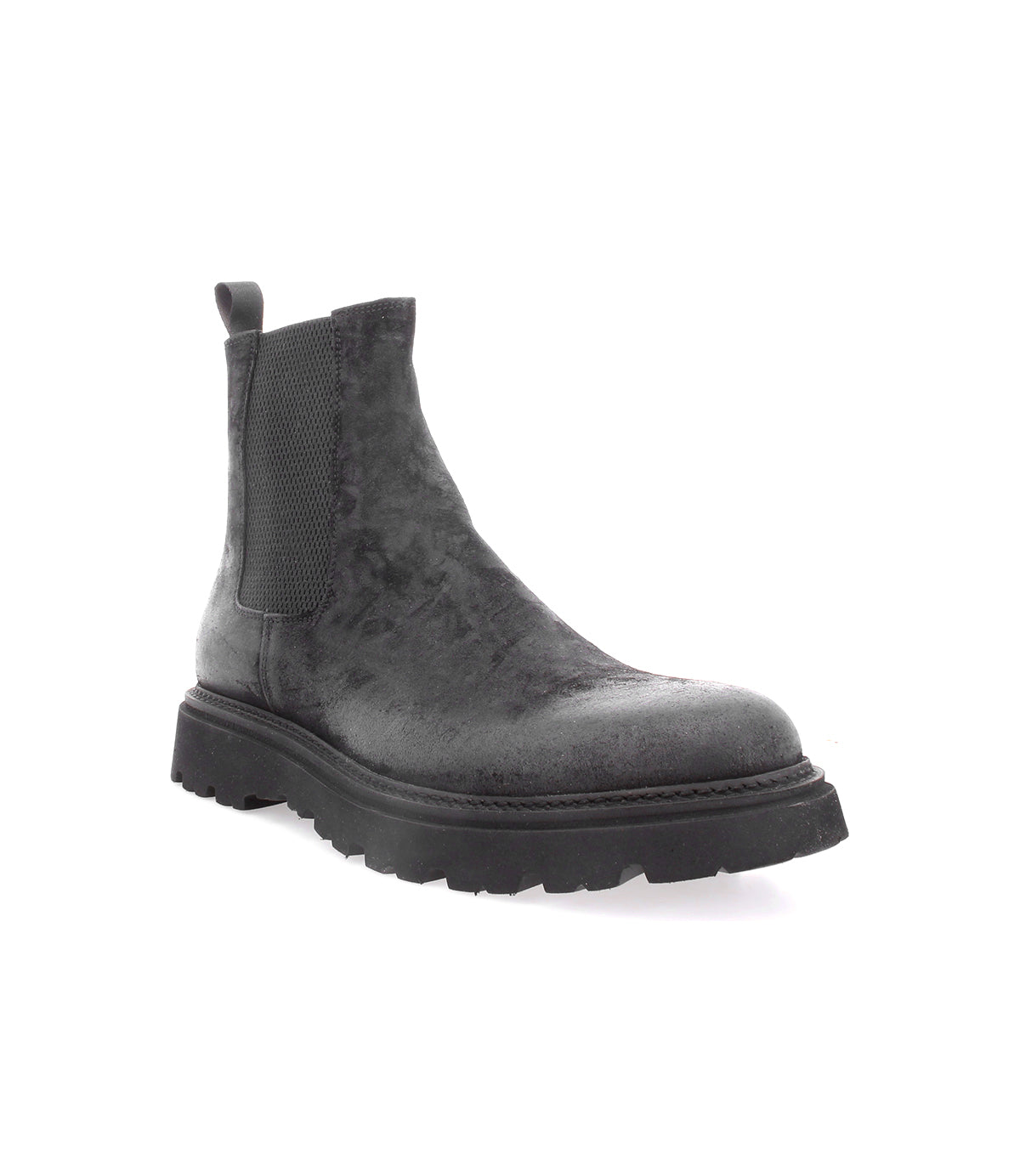 A single Bed|Stü Grit Men's Chelsea boot in dark gray oiled suede, featuring a textured finish, elastic side panel, pull tab, and thick black lug sole, displayed on a white background.