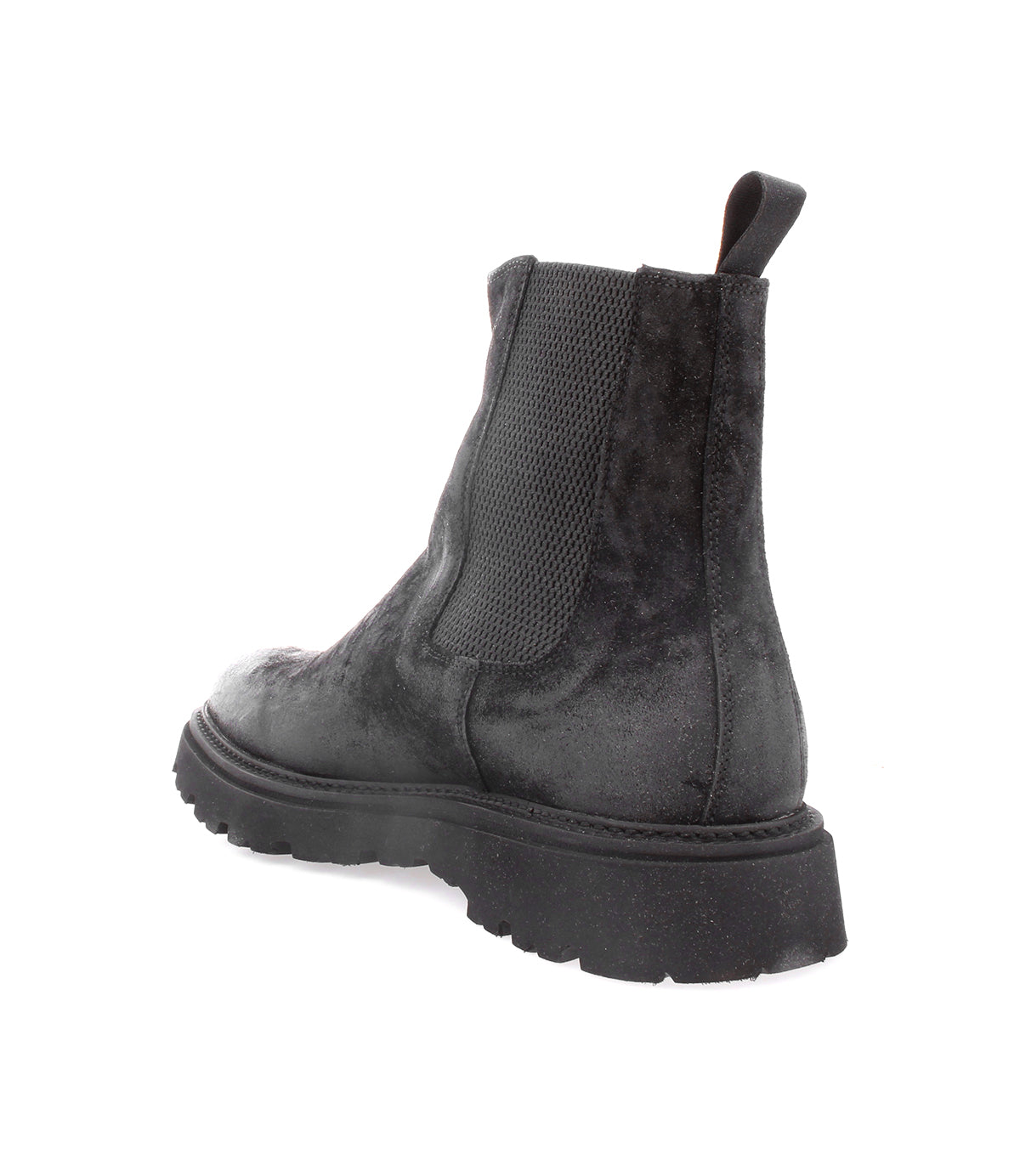 The Bed|Stü Grit men's Chelsea boots in black oiled suede feature a chunky sole, elastic side panel, and back pull tab, expertly photographed against a white background for a modern look.