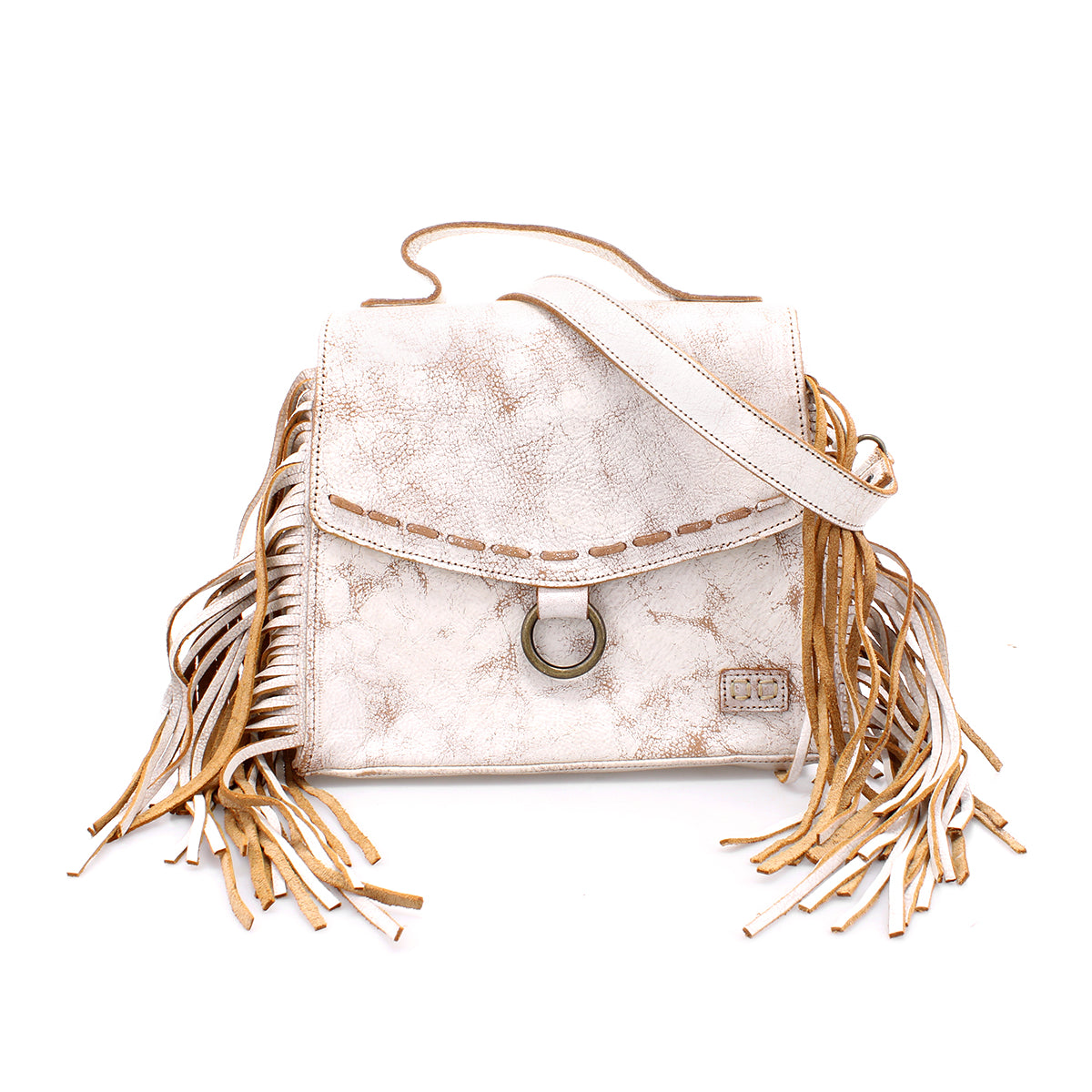 Bed|Stü "Hidden" beige leather handbag featuring a structured silhouette, shoulder strap, decorative stitching, front metal ring, and suede fringe accents along the sides, displayed against a white background.