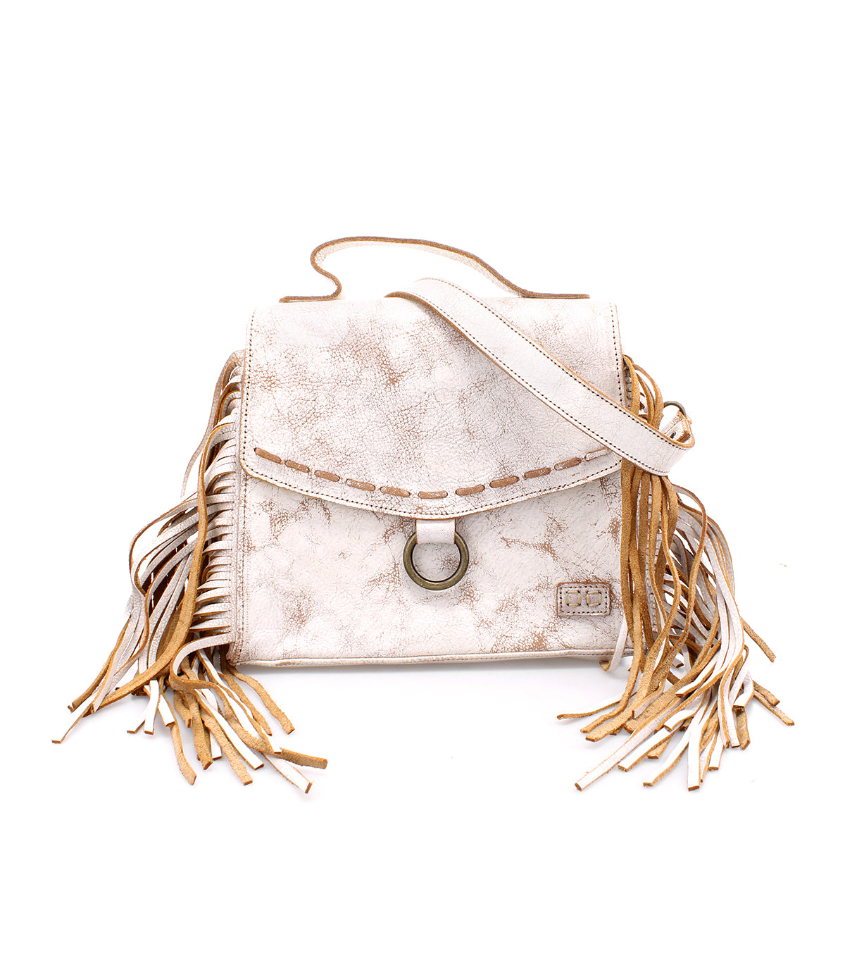 Bed|Stü "Hidden" beige leather handbag featuring a structured silhouette, shoulder strap, decorative stitching, front metal ring, and suede fringe accents along the sides, displayed against a white background.