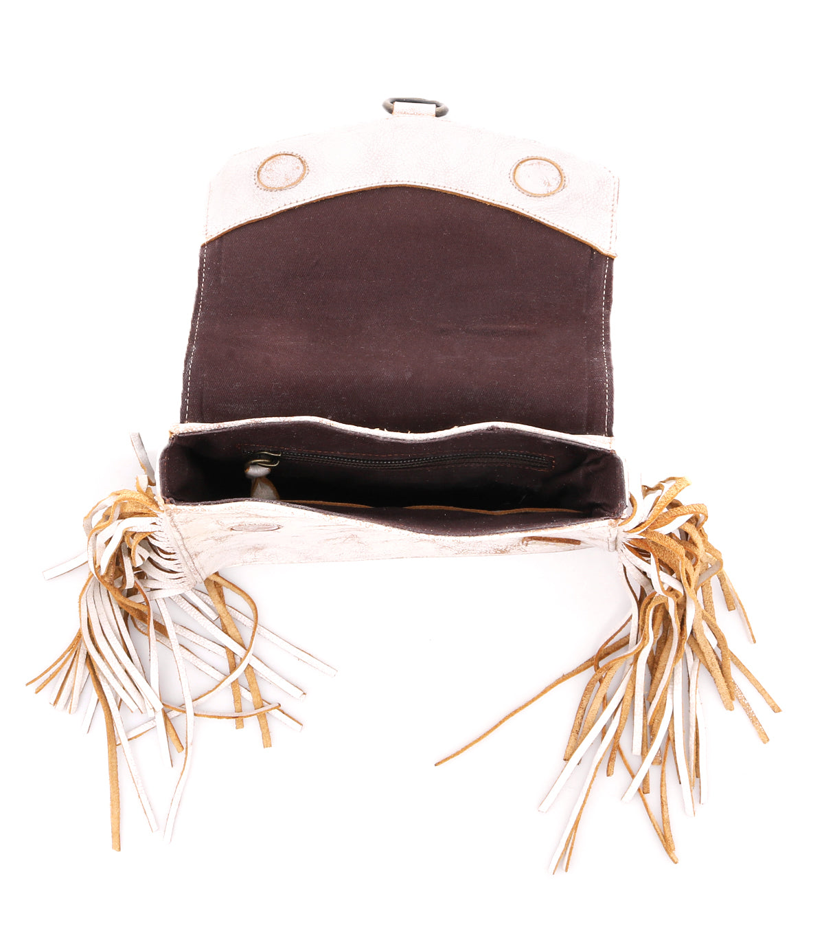 Open Bed|Stü Hidden suede bag viewed from above, featuring a soft leather finish, structured silhouette, brown interior, fringed sides in white and tan, and a flap with two snap closures.