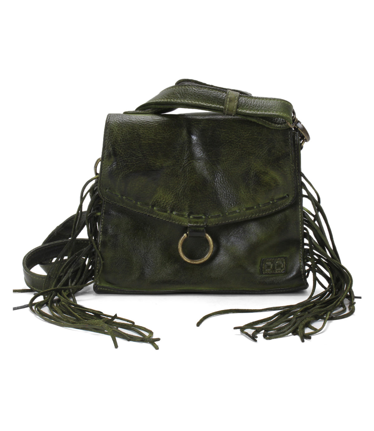 Bed|Stü Hidden olive green leather crossbody bag featuring a structured silhouette, fringe details, a top handle, a ring accent on the front flap, and a stitched logo patch in the bottom right corner.