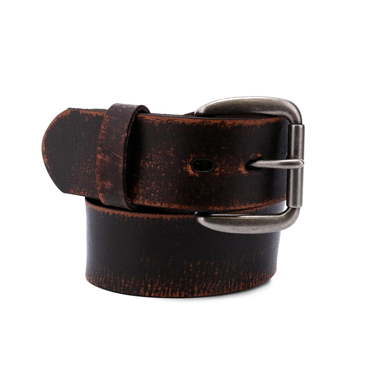 The Bed|Stü Hobo is a coiled dark brown leather strap belt with a distressed finish and a silver metal buckle, displayed against a white background—perfect for elevating your everyday style.