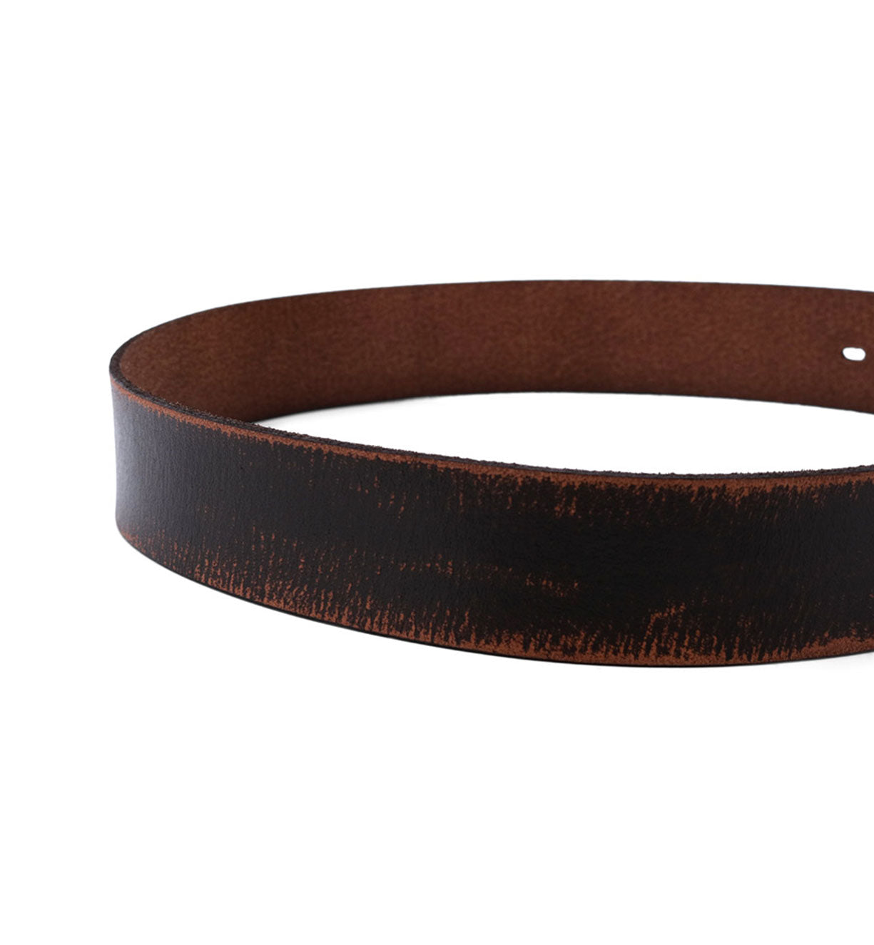 A close-up of the Bed|Stü Hobo belt highlights its sturdy brown leather strap with a distressed texture, featuring one hole visible on the right edge.