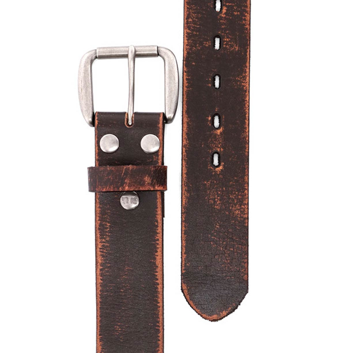 Close-up of the Bed|Stü Hobo distressed brown leather strap belt featuring a silver metal buckle and five adjustment holes, displayed both fastened and unfastened—perfect for elevating your everyday style.