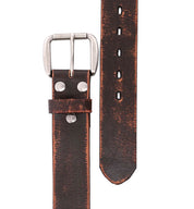 Close-up of the Bed|Stü Hobo distressed brown leather strap belt featuring a silver metal buckle and five adjustment holes, displayed both fastened and unfastened—perfect for elevating your everyday style.
