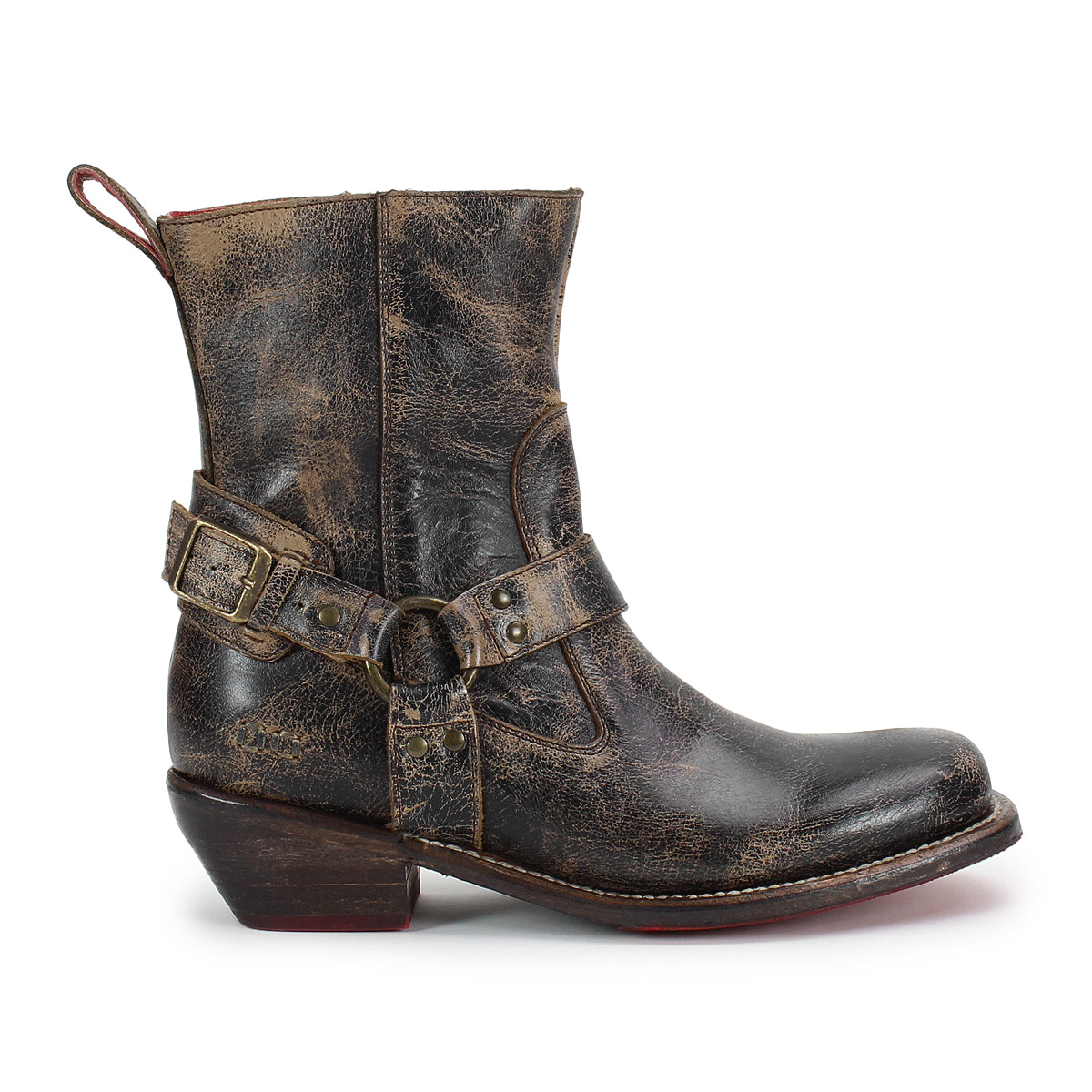 A single Bed|Stü Homage distressed brown leather boot featuring a low heel, square toe, harness strap, and metal buckles, shown from the side against a white background.