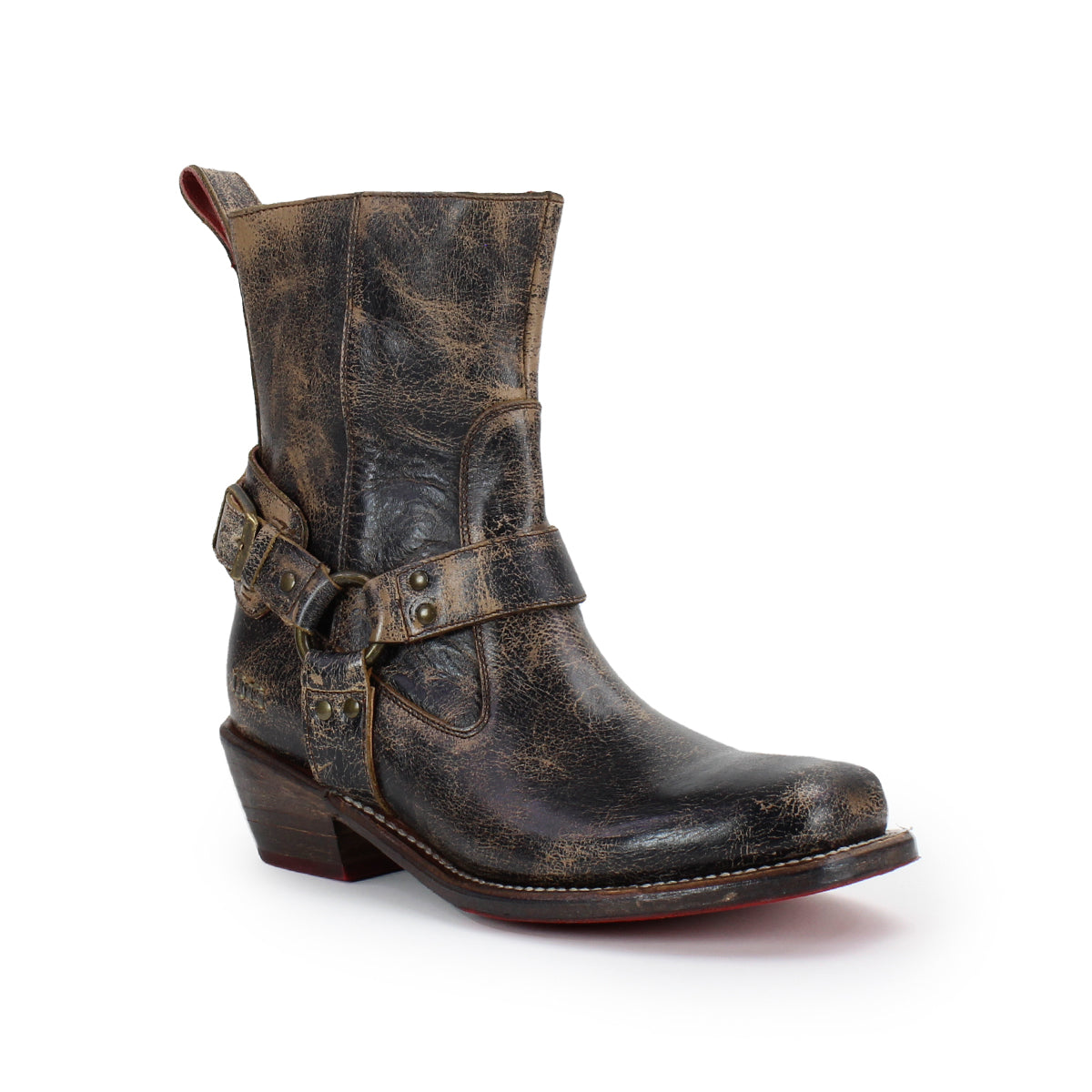 A single Homage boot by Bed|Stü, crafted from weathered brown leather with a square toe, harness strap, and low heel, displayed against a white background.
