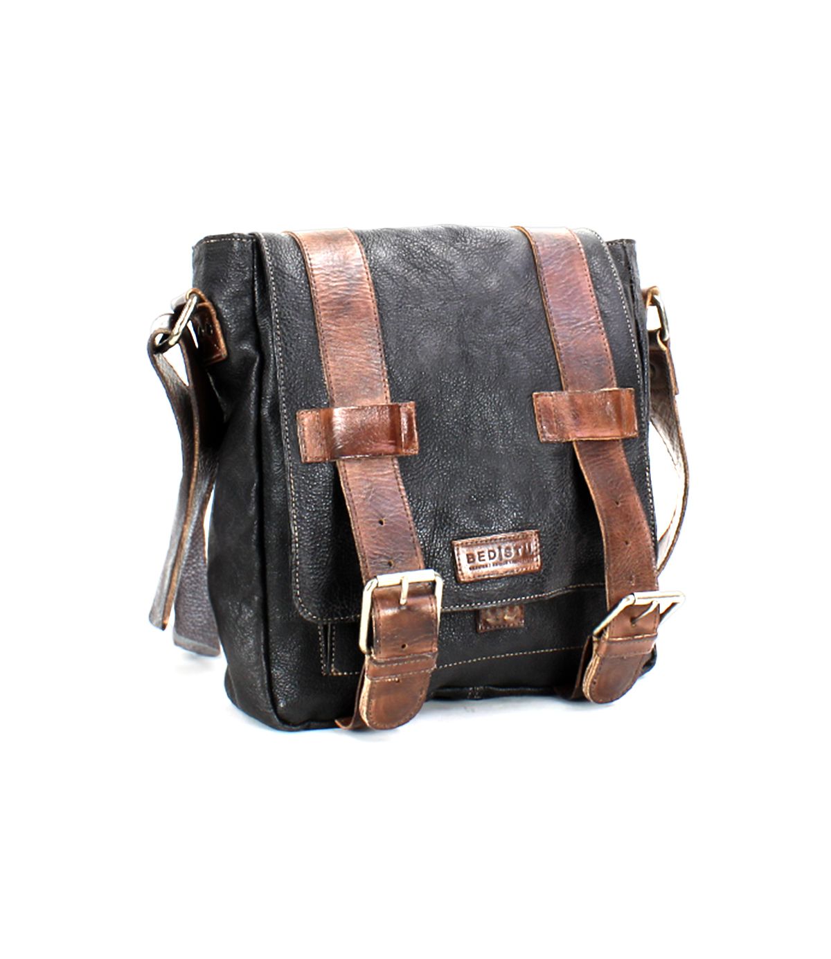 Introducing the Hue messenger bag by Bed|Stü—a black leather bag featuring rich brown straps, metal buckles, and an adjustable crossbody strap. Perfect for carrying your essentials from work to weekend, it's showcased against a crisp white background.