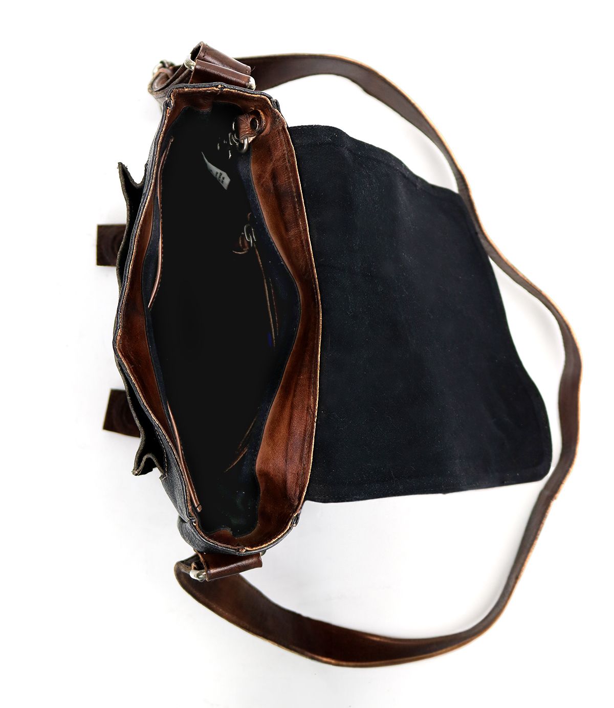 The Bed|Stü Hue black messenger bag, shown open and empty against a white background, features a brown strap, brown inner lining, and an adjustable crossbody strap—perfect for your work-to-weekend needs.