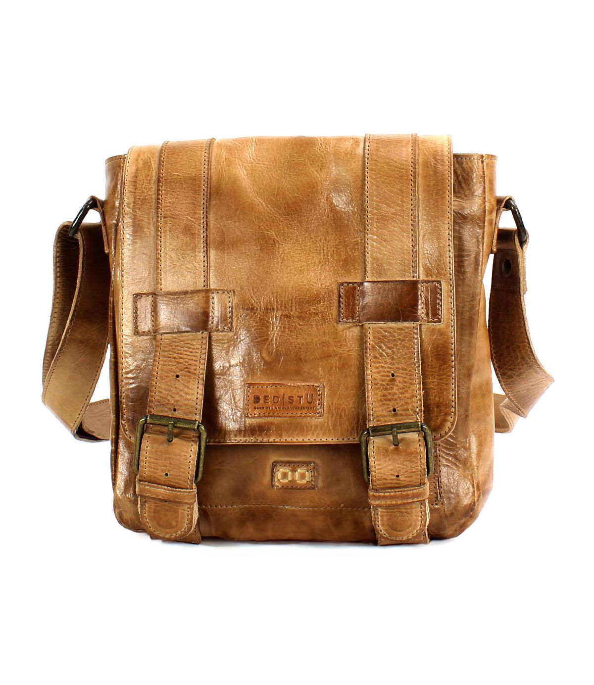 The Bed|Stü Hue messenger bag is crafted from brown leather and features a front flap with dual buckle closures and a stamped logo on the front. An adjustable crossbody strap ensures comfort and versatility, making the Hue perfect for carrying your essentials from work to weekend.