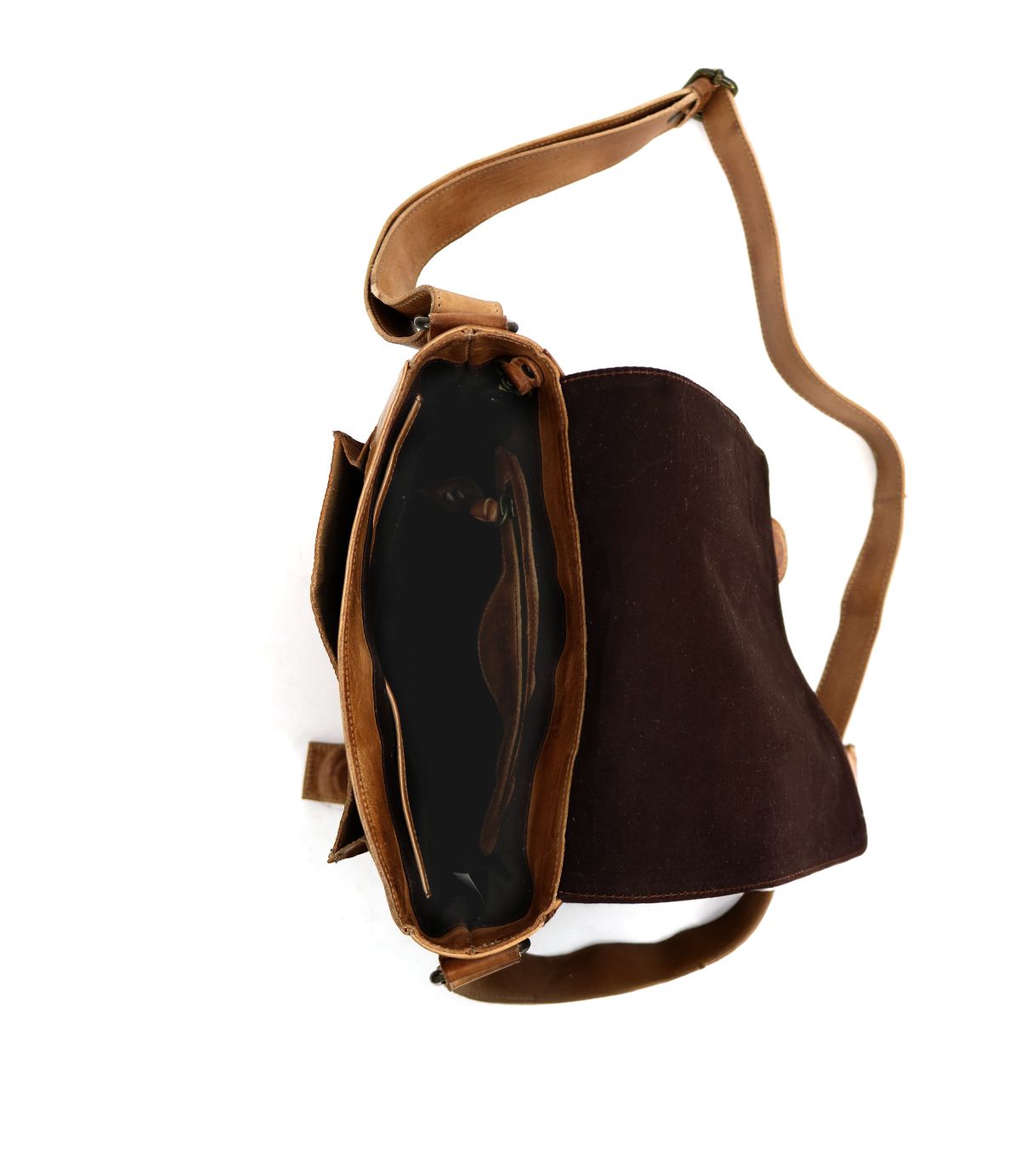 Top view of an open Bed|Stü Hue brown canvas messenger bag with a long adjustable crossbody strap and multiple compartments, photographed on a white background—perfect for seamlessly transitioning from work to weekend.