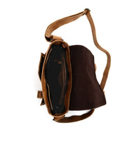 Top view of an open Bed|Stü Hue brown canvas messenger bag with a long adjustable crossbody strap and multiple compartments, photographed on a white background—perfect for seamlessly transitioning from work to weekend.