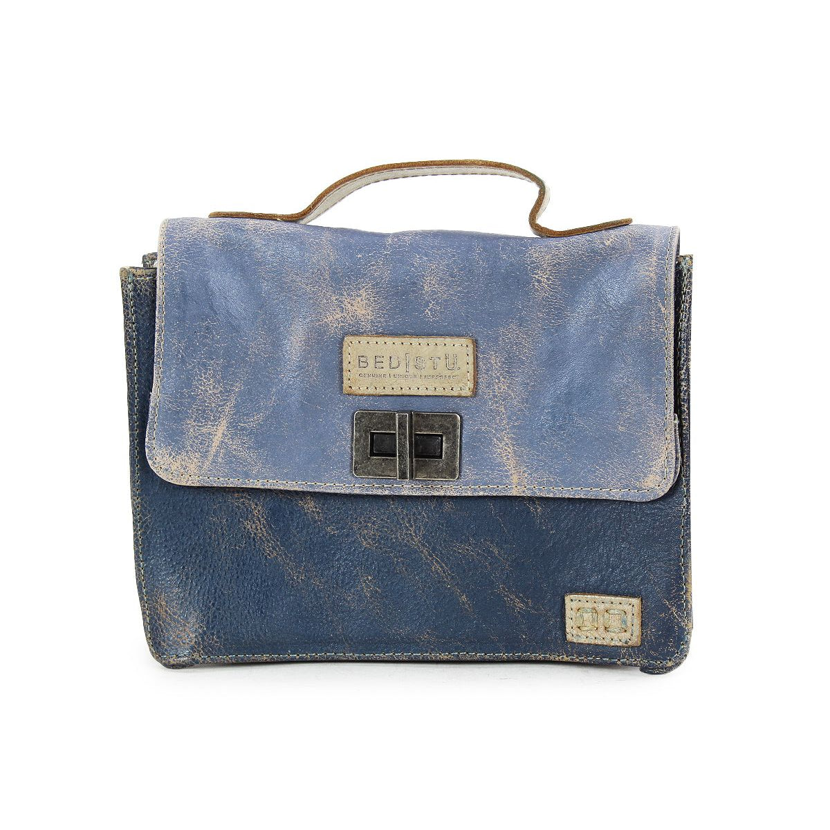 A weathered blue leather satchel named "Improv" by Bed|Stü, featuring a top handle, front flap with latch closure, and two beige labels displaying the brand name. This mini purse also includes a convenient crossbody strap for versatile carrying options.