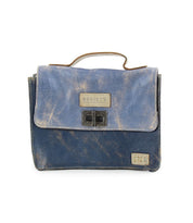 A weathered blue leather satchel named "Improv" by Bed|Stü, featuring a top handle, front flap with latch closure, and two beige labels displaying the brand name. This mini purse also includes a convenient crossbody strap for versatile carrying options.
