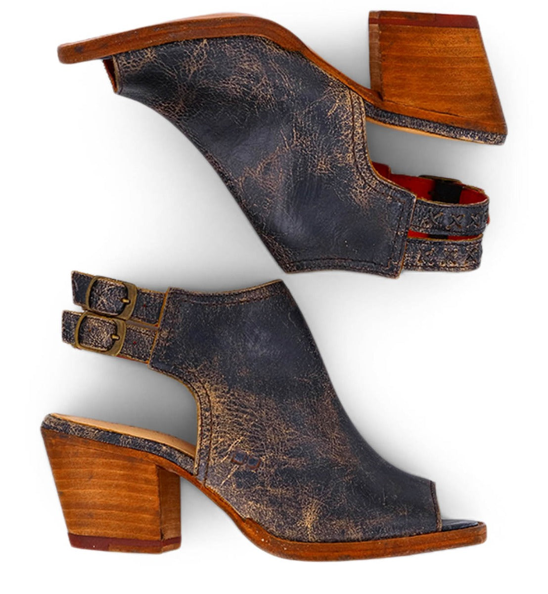 Step out in style with the Ireni by Bed|Stü—a pair of distressed black leather peep-toe slingback booties featuring chunky wooden heels, double ankle straps, and a cushioned footbed for all-day comfort. Shown here in side-by-side view, these are your perfect everyday heels.
