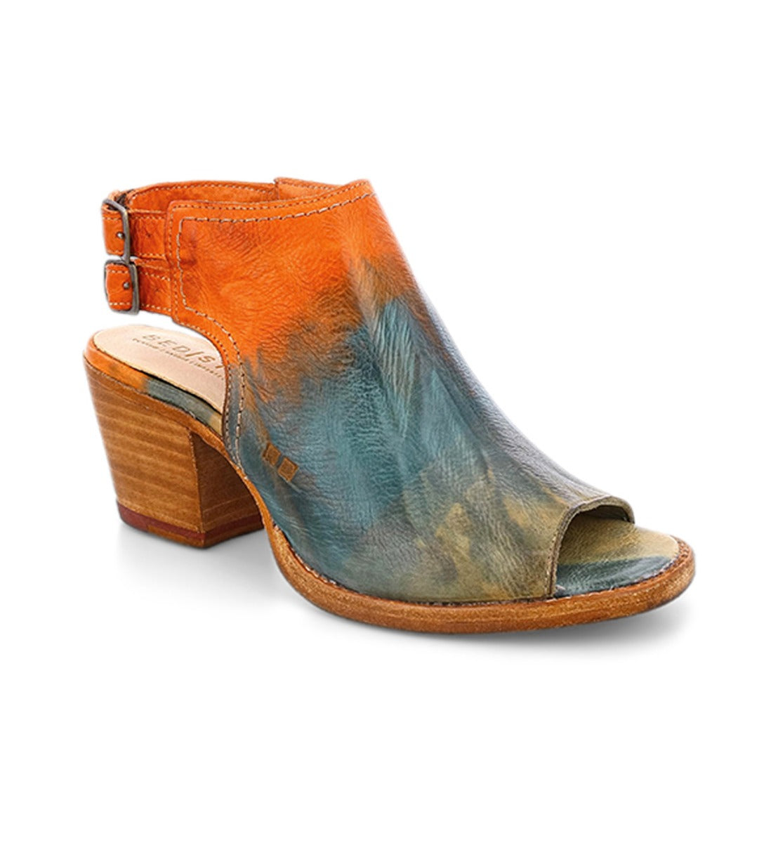 Introducing the Ireni by Bed|Stü: a women's leather peep toe, block-heeled sandal showcasing an orange and blue gradient leather upper, ankle strap, cushioned footbed, and durable wooden heel—perfect as your new everyday heel.