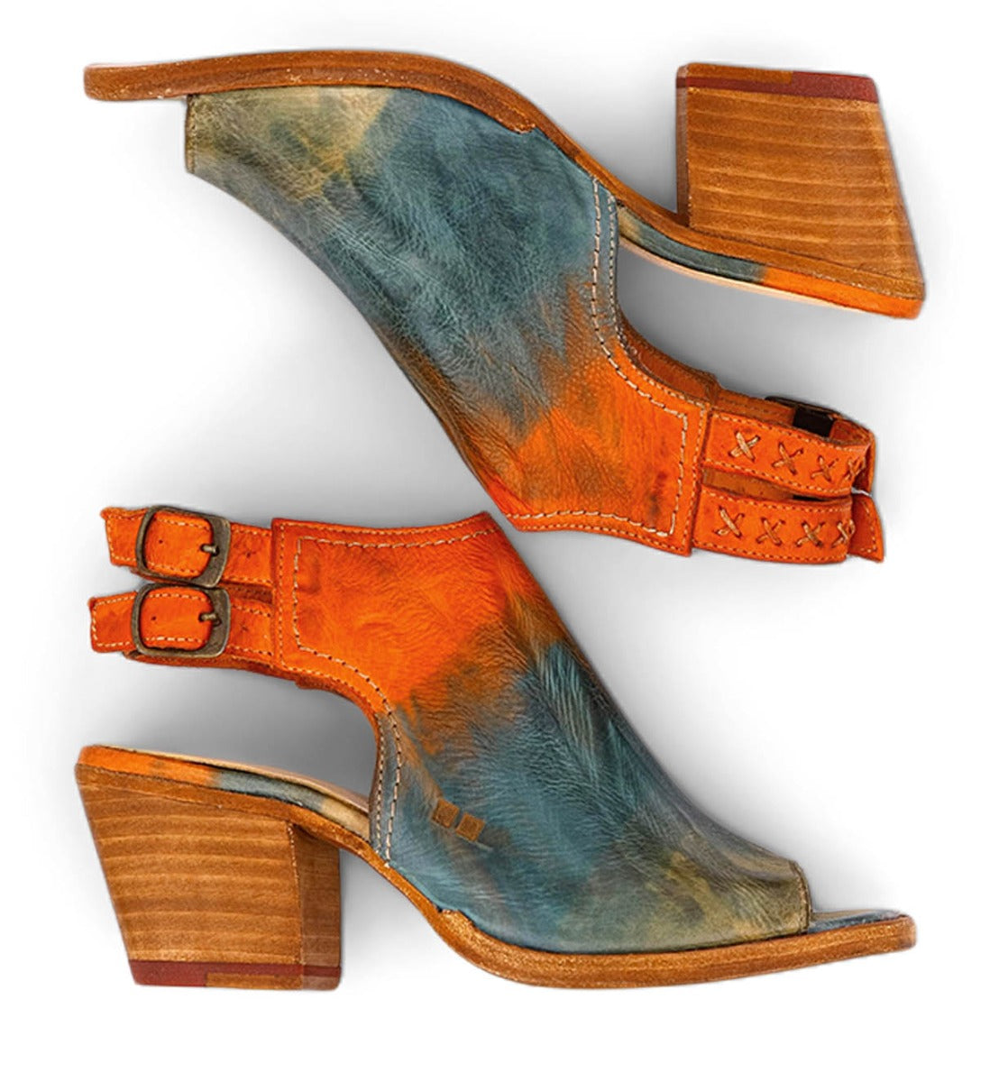 The Ireni sandals by Bed|Stü feature a blue, orange, and brown leather peep toe design with double ankle straps, a cushioned footbed, decorative stitching, and stylish block heels. Shown side by side on a white background.