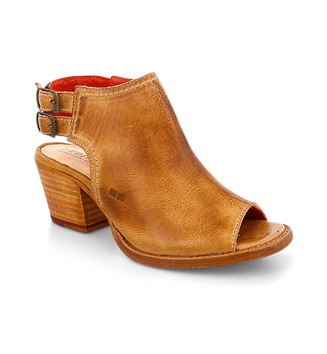 The Ireni by Bed|Stü is a tan leather open-toe heeled sandal featuring a cushioned footbed, two buckle straps at the back, and a sturdy block heel—an elevated everyday style shown on a white background.
